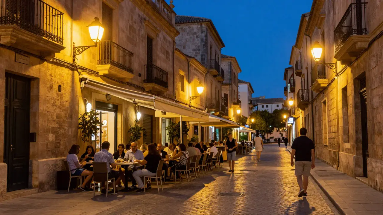 Calle empedrada de Palma al atardecer con turistas