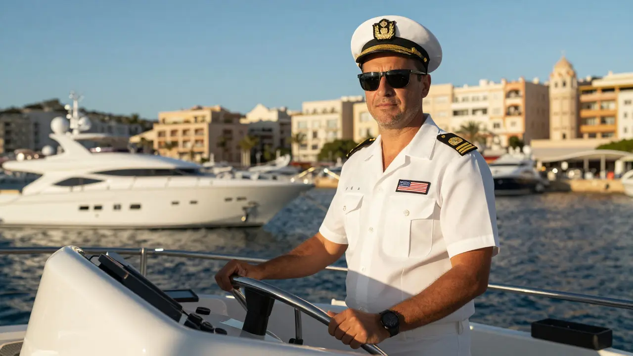 Capitán profesional al mando de un yate de lujo en el puerto de Ibiza
