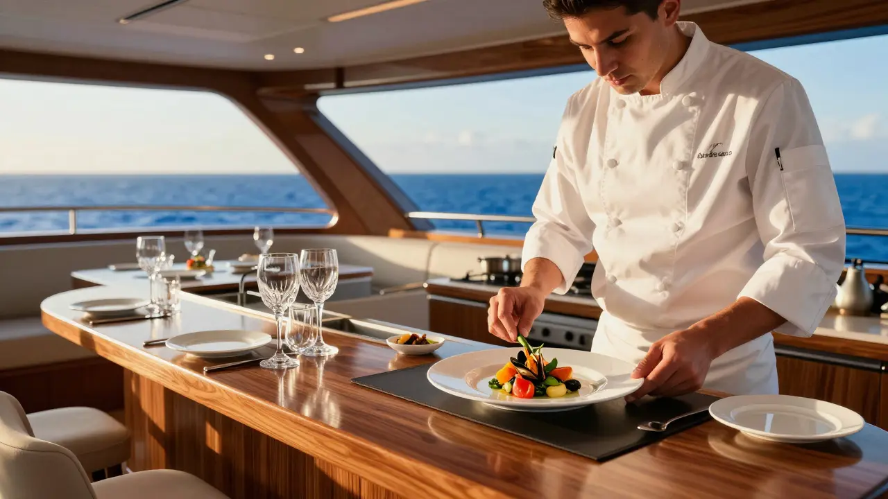 Chef preparando comida gourmet en la elegante cocina de un yate de lujo