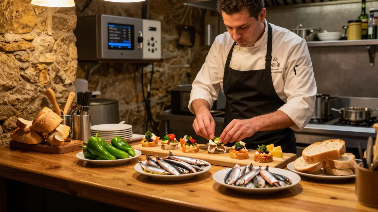 Chef preparing Basque pintxos in a Bilbao kitchen