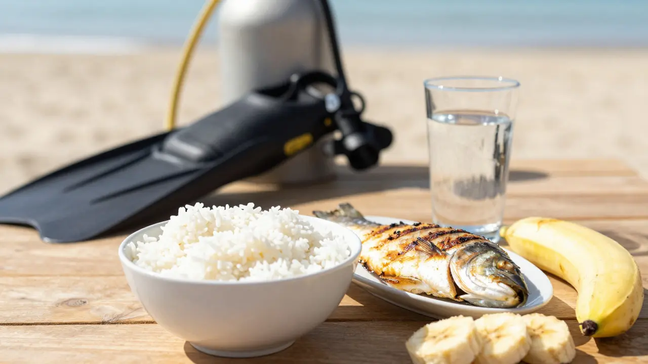 Comida ligera y agua para bucear en la playa