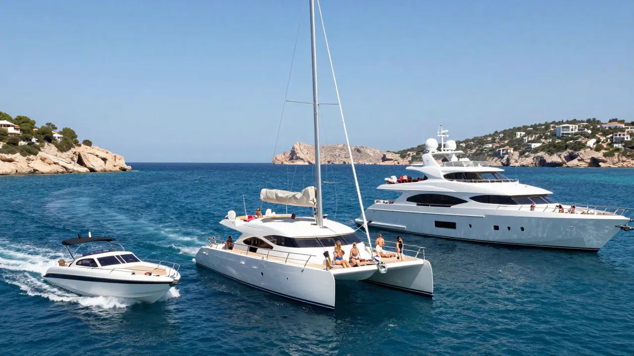 Comparación visual de lanchas, catamaranes y superyates en el mar