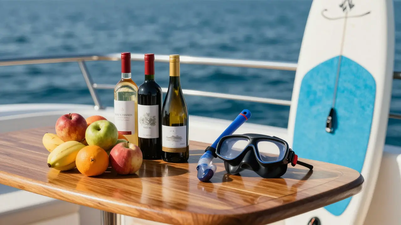 Equipamiento náutico y provisiones gourmet sobre la cubierta de un yate