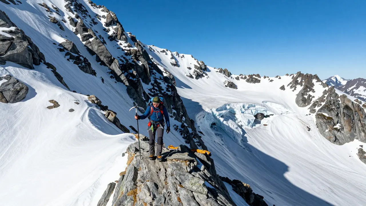 Escalador con crampones cerca del macizo del Aneto y nieve perpetua