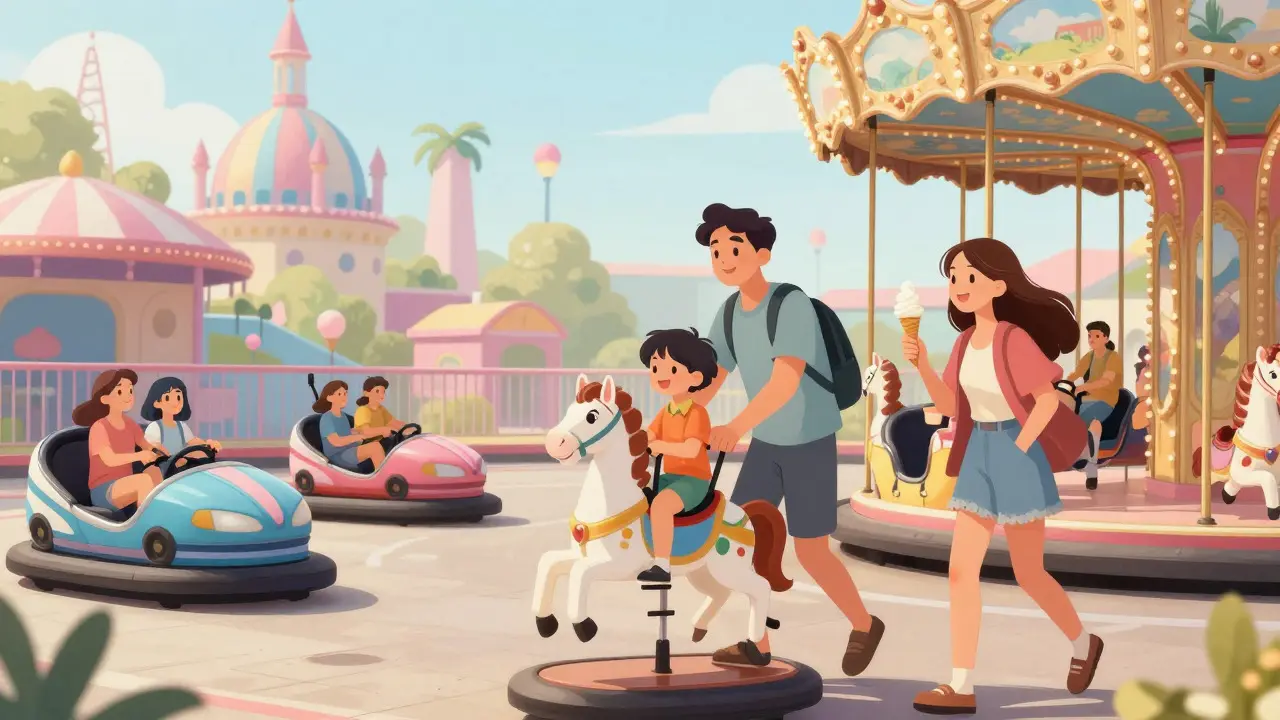 Familia feliz disfrutando de los carruseles y atracciones clásicas en el Parque del Tibidabo
