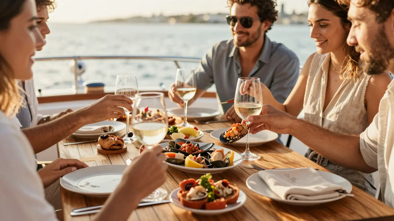 Grupo de amigos disfrutando de comida y bebida en la cubierta de un yate recreativo