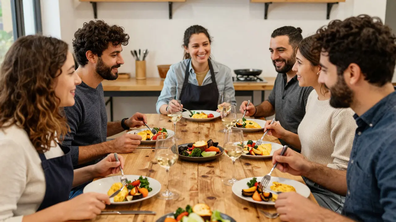 Grupo de personas disfrutando de una comida casera y vino Txakoli tras una clase de cocina