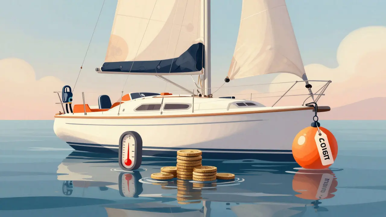Ilustración conceptual de un barco con símbolos de costes ocultos como combustible