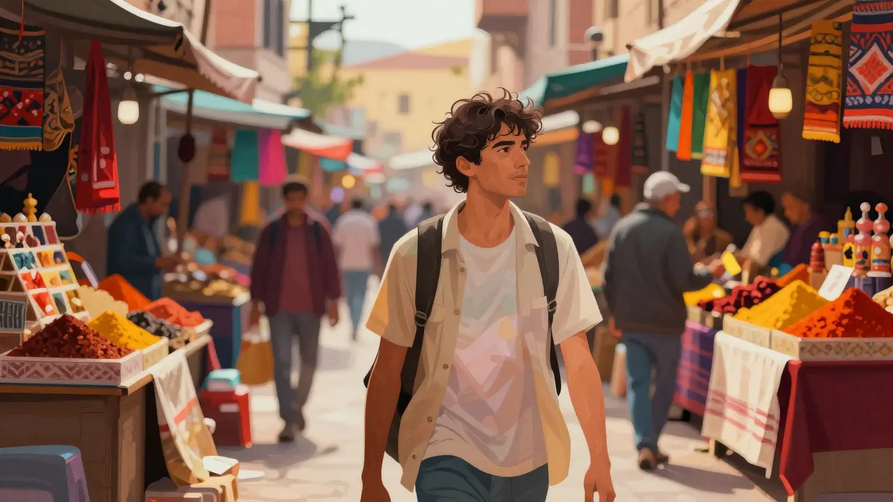 Ilustración de un viajero conectando con la cultura en un mercado vibrante