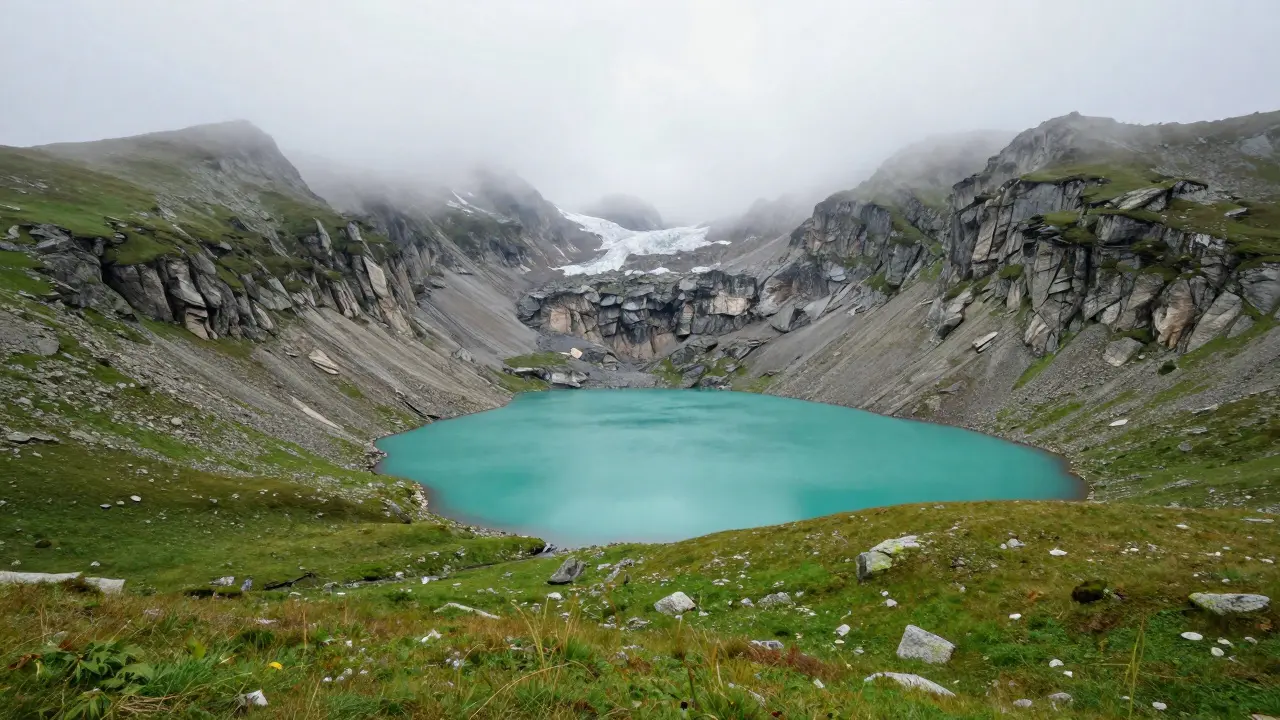 Lago alpino turquesa rodeado de formaciones rocosas glaciares