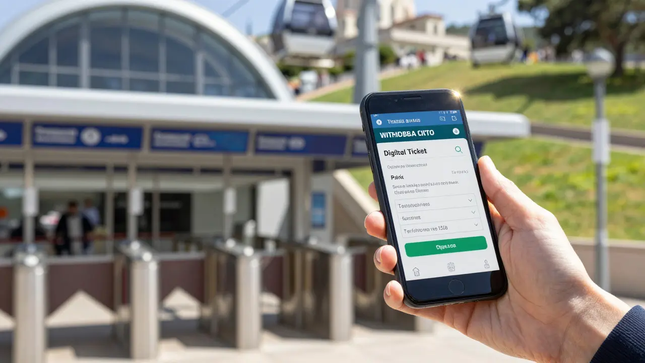 Mano sosteniendo un teléfono con entrada digital frente a la entrada del teleférico del Tibidabo