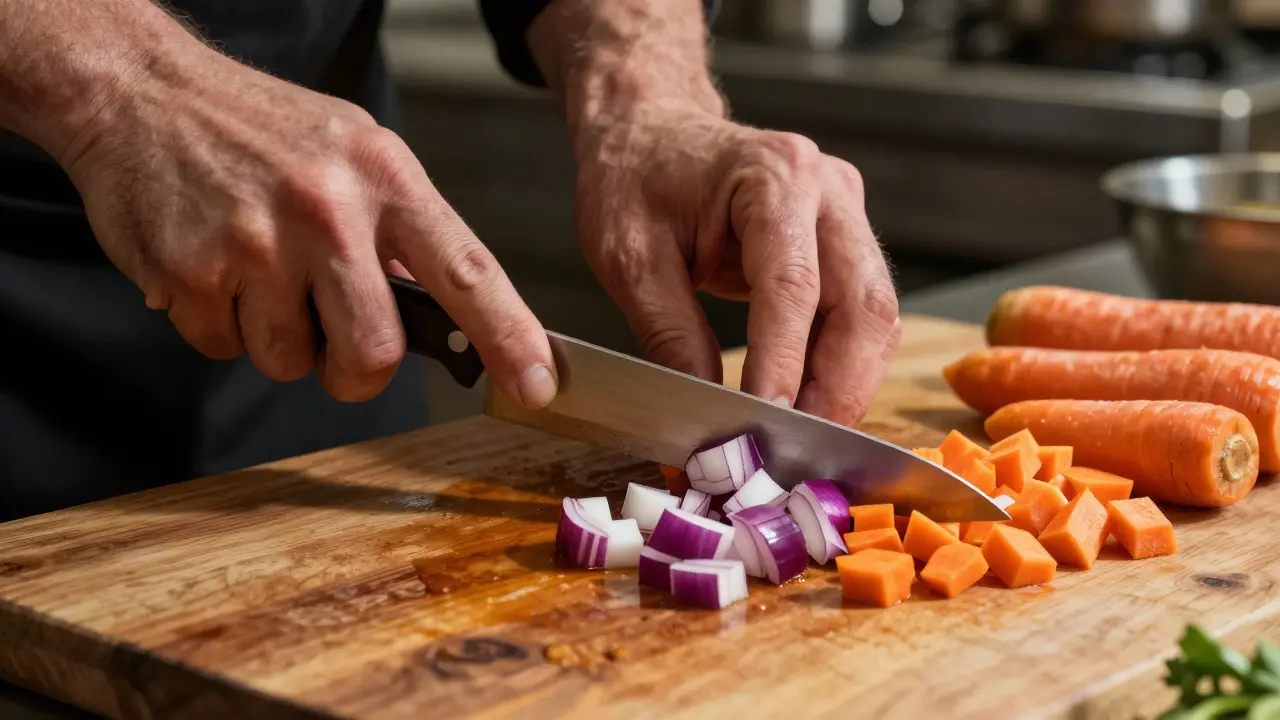 Manos cortando verduras con precisión técnica