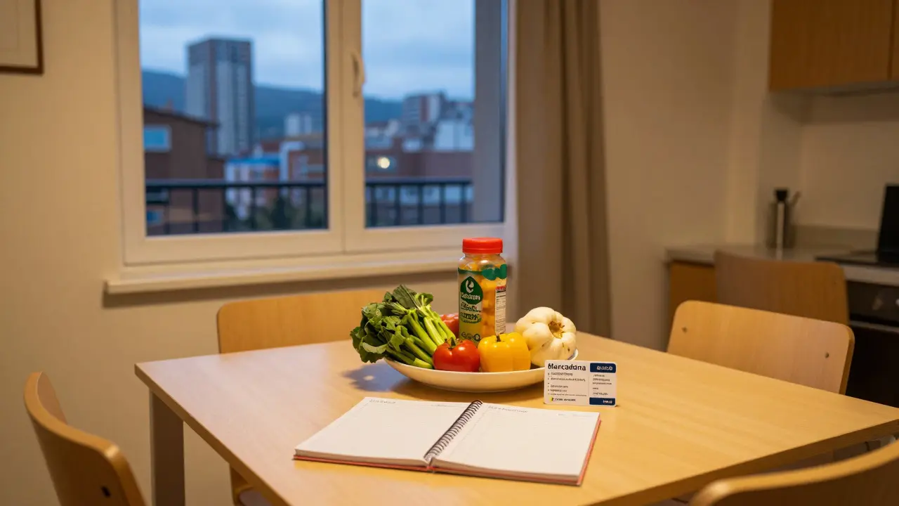 Mesa de estudiante en Bilbao con ingredientes básicos y planificador de presupuesto