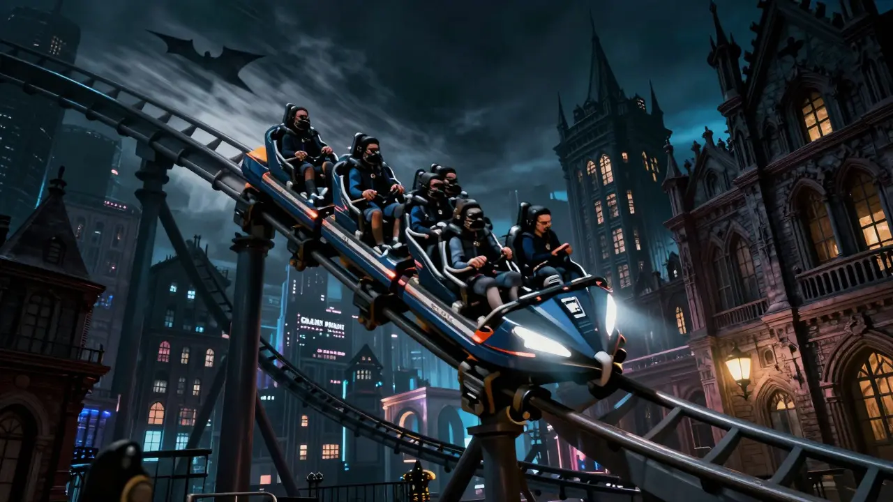 Montaña rusa The Dark Knight en la zona de Gotham City