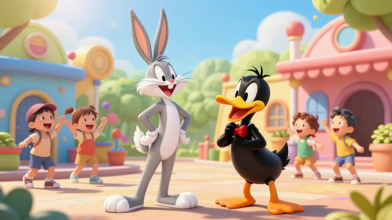 Personajes de Looney Tunes jugando con niños en el parque
