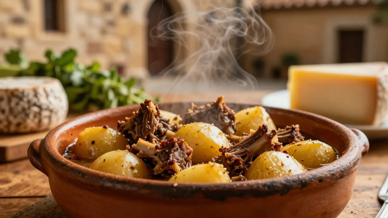Plato tradicional terret de patatas en olla rústica sobre mesa de madera