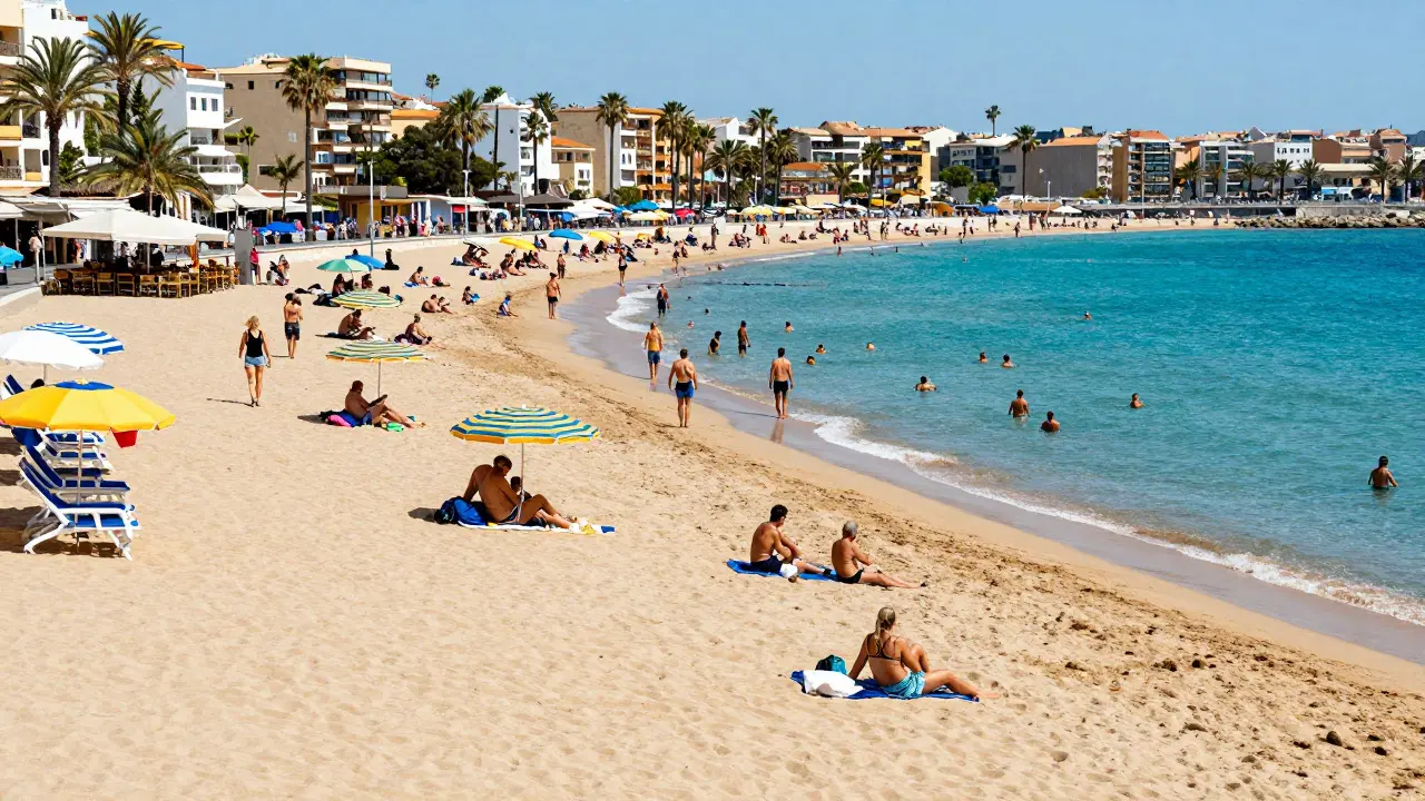 Playa llena de turistas bajo sol intenso en Mallorca durante el verano alto