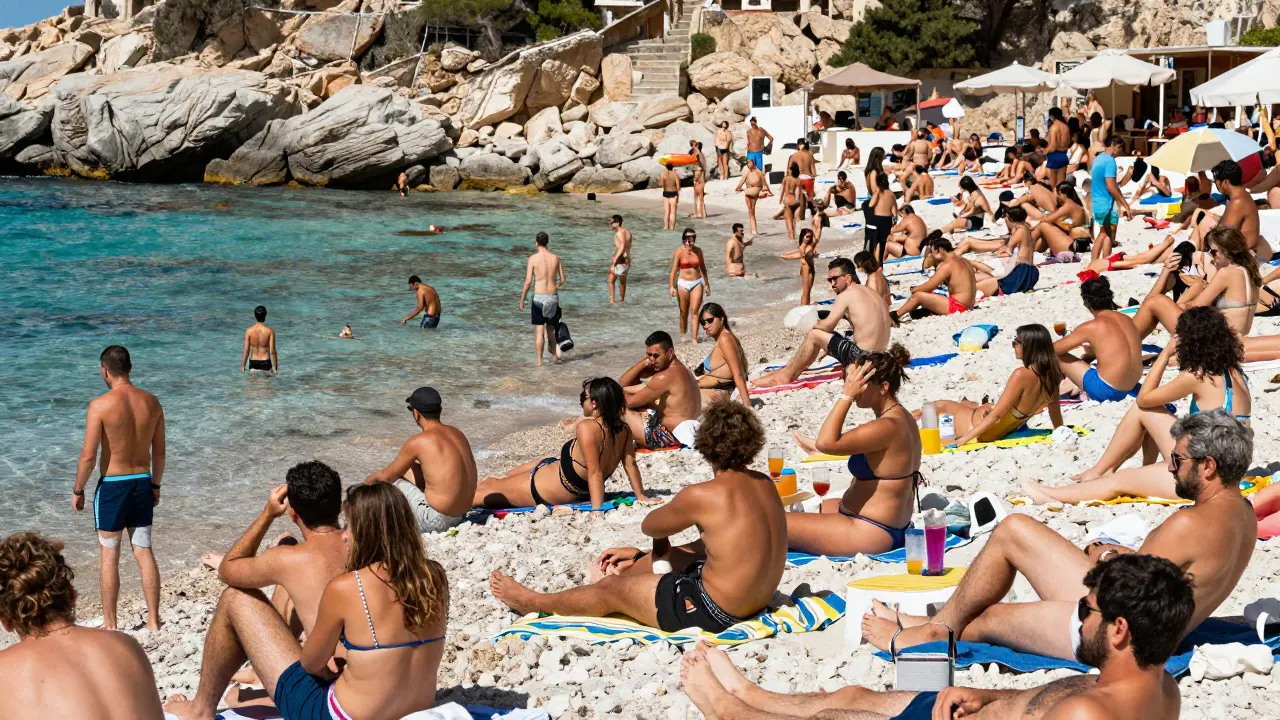 Playa mediterránea extremadamente saturada de turistas bajo el sol fuerte
