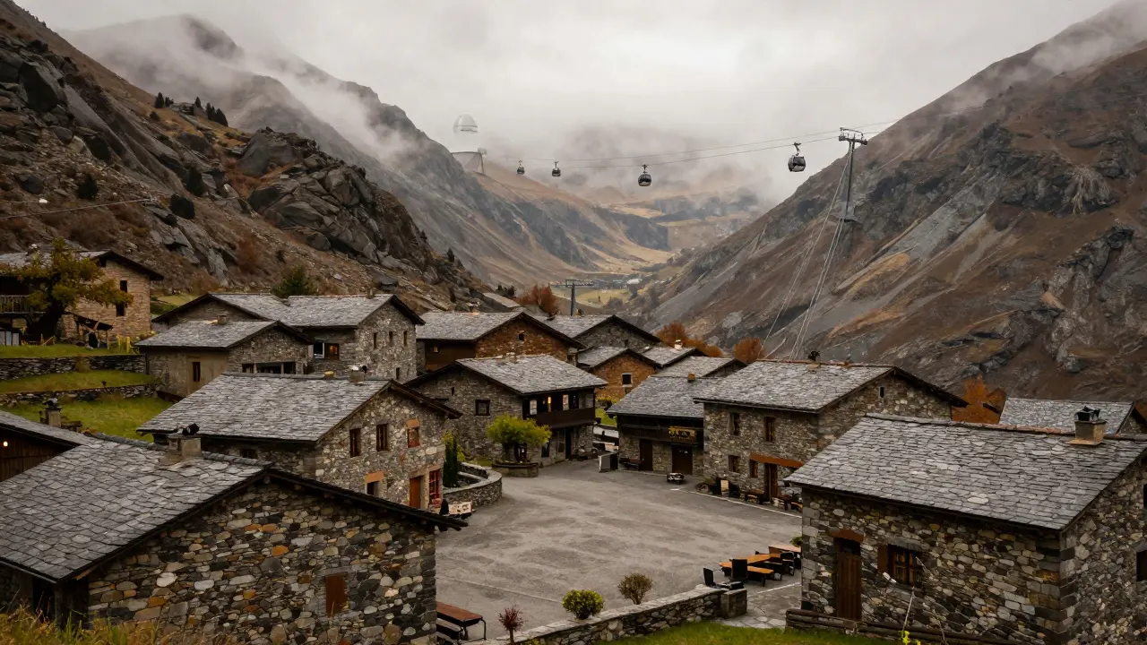 Pueblo tradicional de piedra en los Pirineos franceses con el teleférico del Pic du Midi al fondo