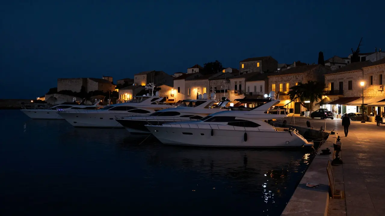 Puerto de Andratx de noche con yates y luces tenues, ambiente misterioso