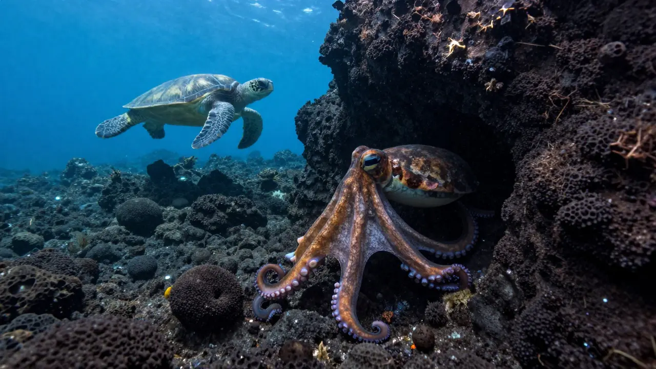Pulpo y tortuga marina en cuevas volcánicas bajo el agua en Isla de las Conilias