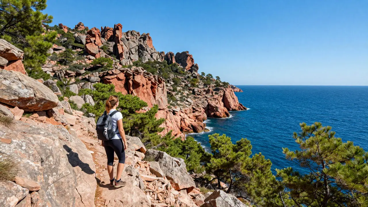 Senderista en los acantilados rocosos del Cap de Creus con vistas al mar Mediterráneo en Girona