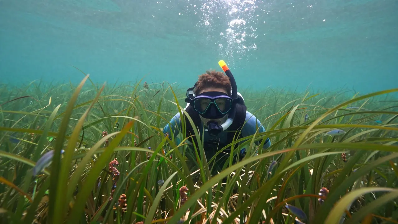 Snorkelista observando praderas de posidonia y peces pequeños en Cala Petita