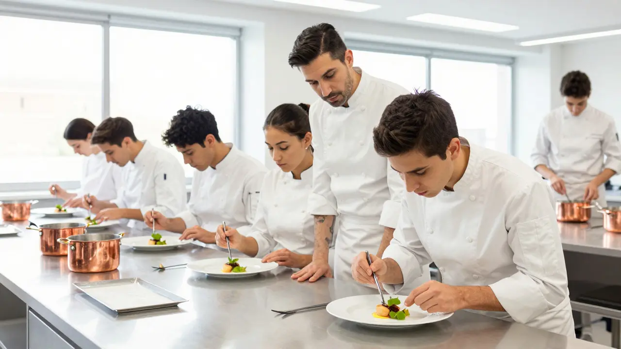 Students plating French cuisine in a Madrid culinary school