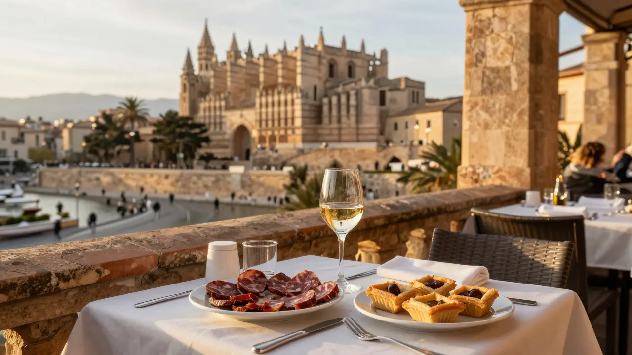 Terraza acogedora en Palma con comida típica mallorquina y vista a la catedral