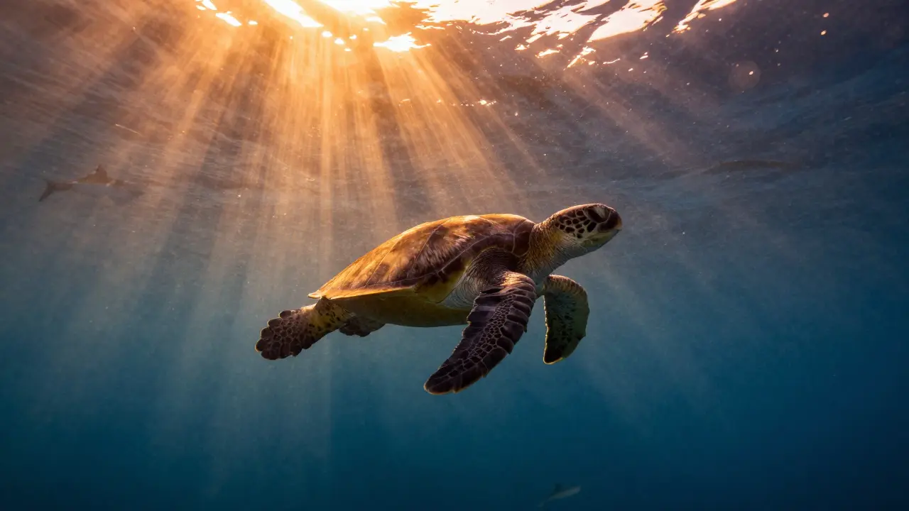 Tortuga marina nadando bajo rayos de sol dorado al amanecer