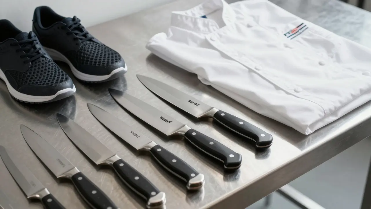Utensilios profesionales de cocina: cuchillos, delantales y zapatos sobre mesa de acero