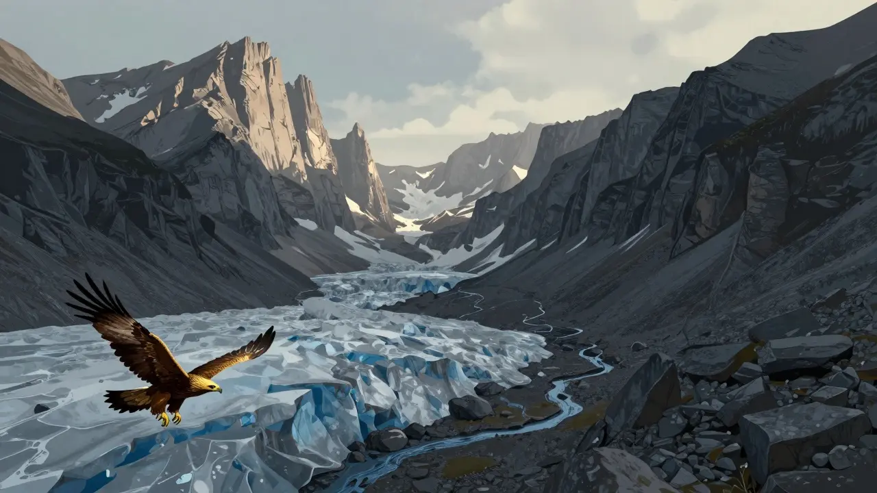 Valle glaciar retrocedido cerca de Monte Perdido con águila volando
