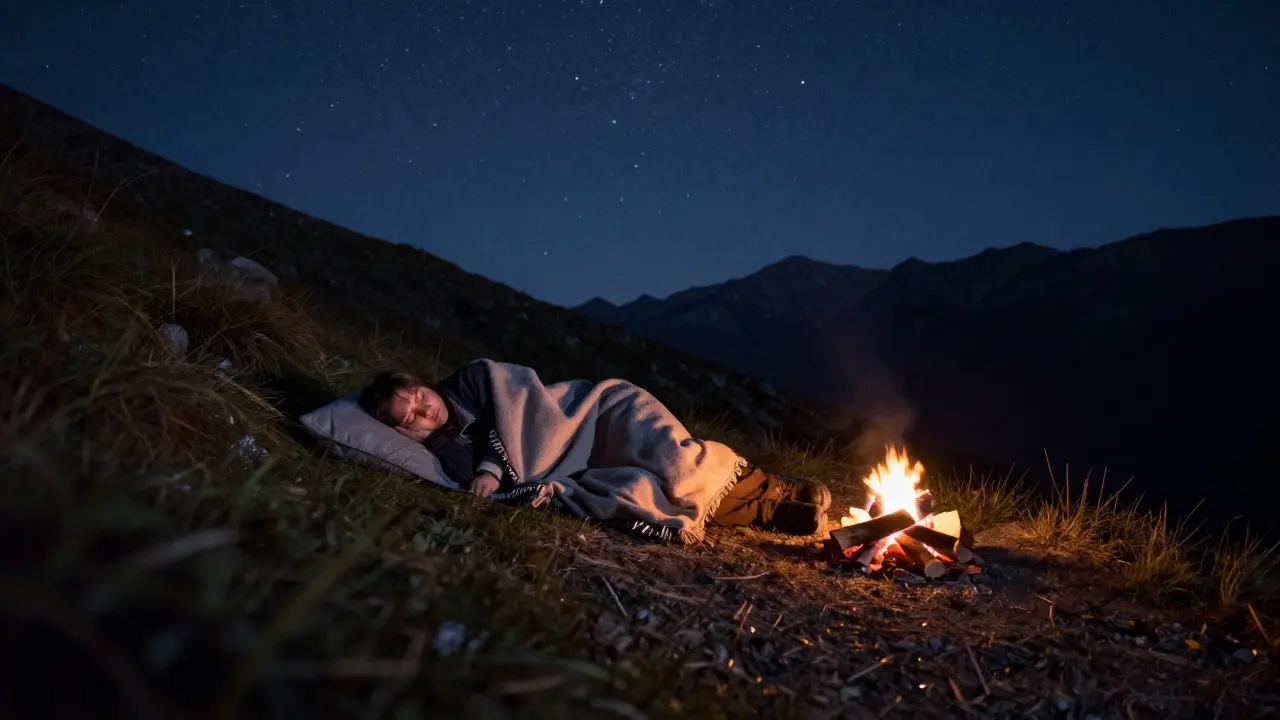 Viajero durmiendo bajo las estrellas en una montaña tranquila