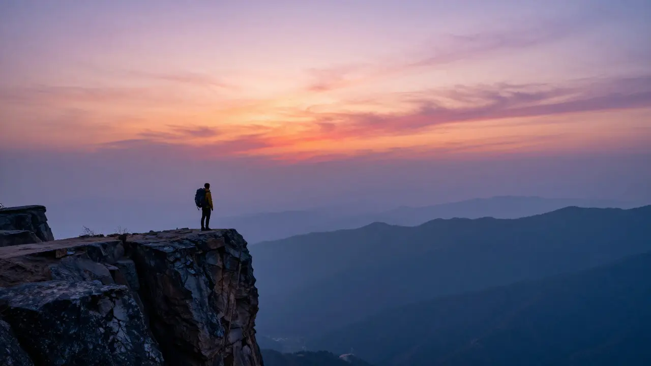 Viajero solitario contemplando un amanecer majestuoso en las montañas