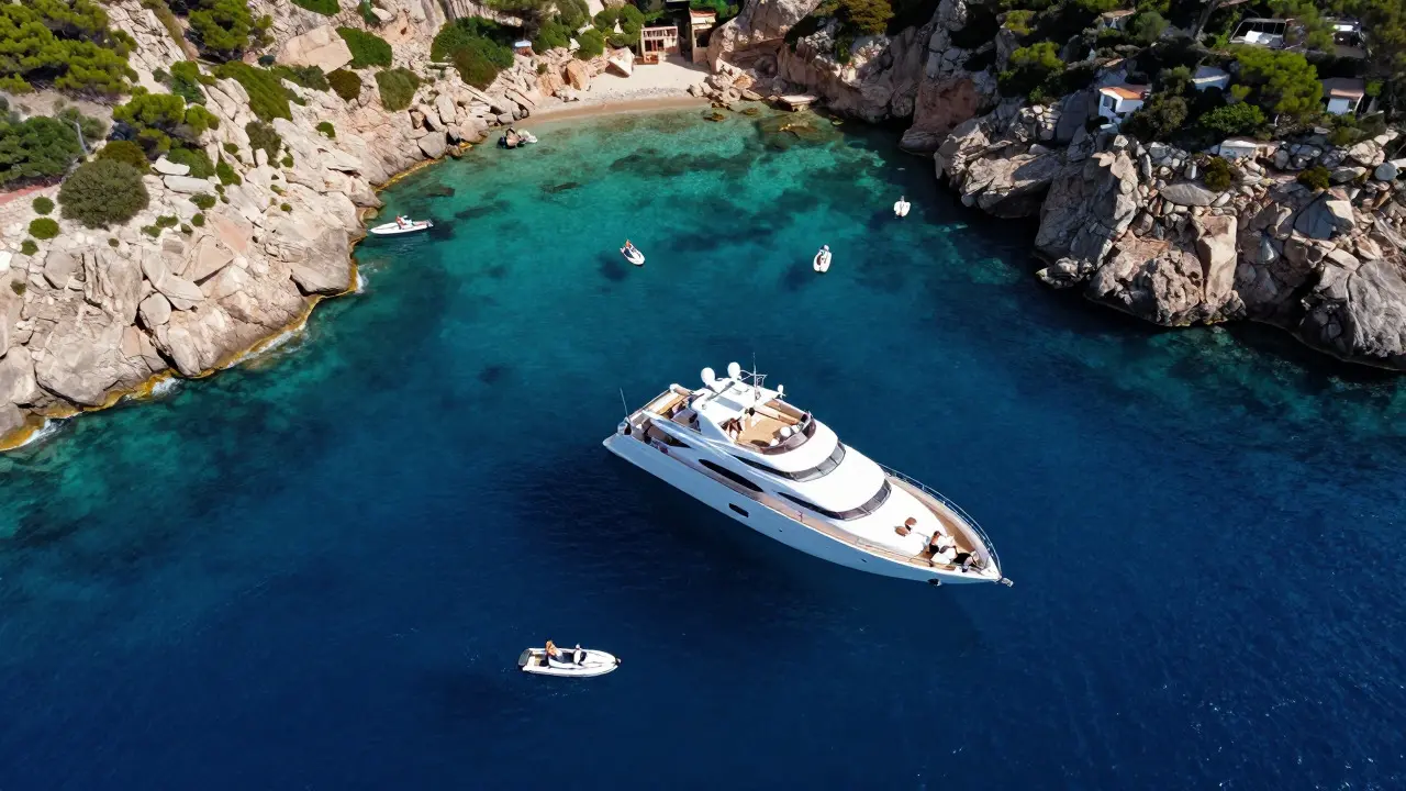 Vista aérea de un yate de lujo anclado en una cala escondida de Ibiza