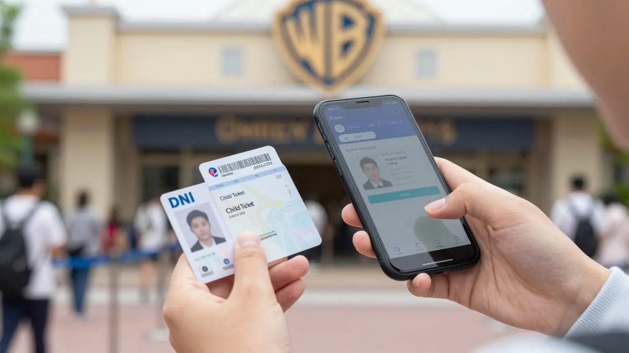 Padre con billete infantil y DNI para acceso al parque