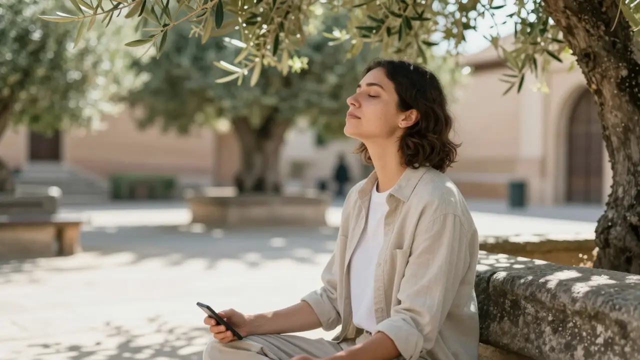 Persona meditando en banco de parque histórico soleado