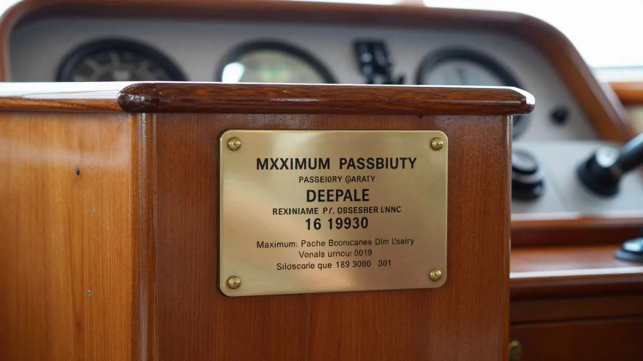 Placa de certificación de capacidad máxima visible en la consola del yate